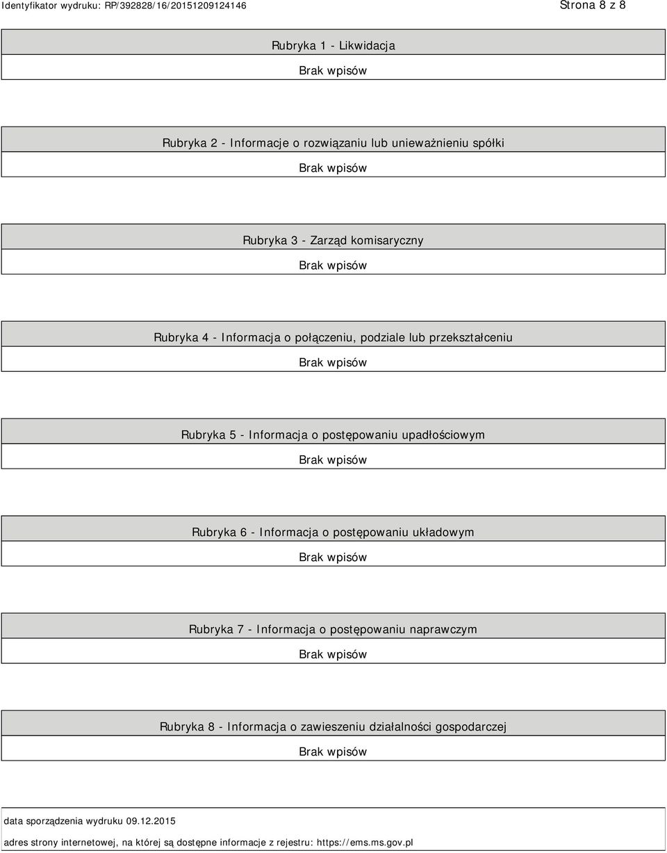 Informacja o postępowaniu układowym Rubryka 7 - Informacja o postępowaniu naprawczym Rubryka 8 - Informacja o zawieszeniu działalności