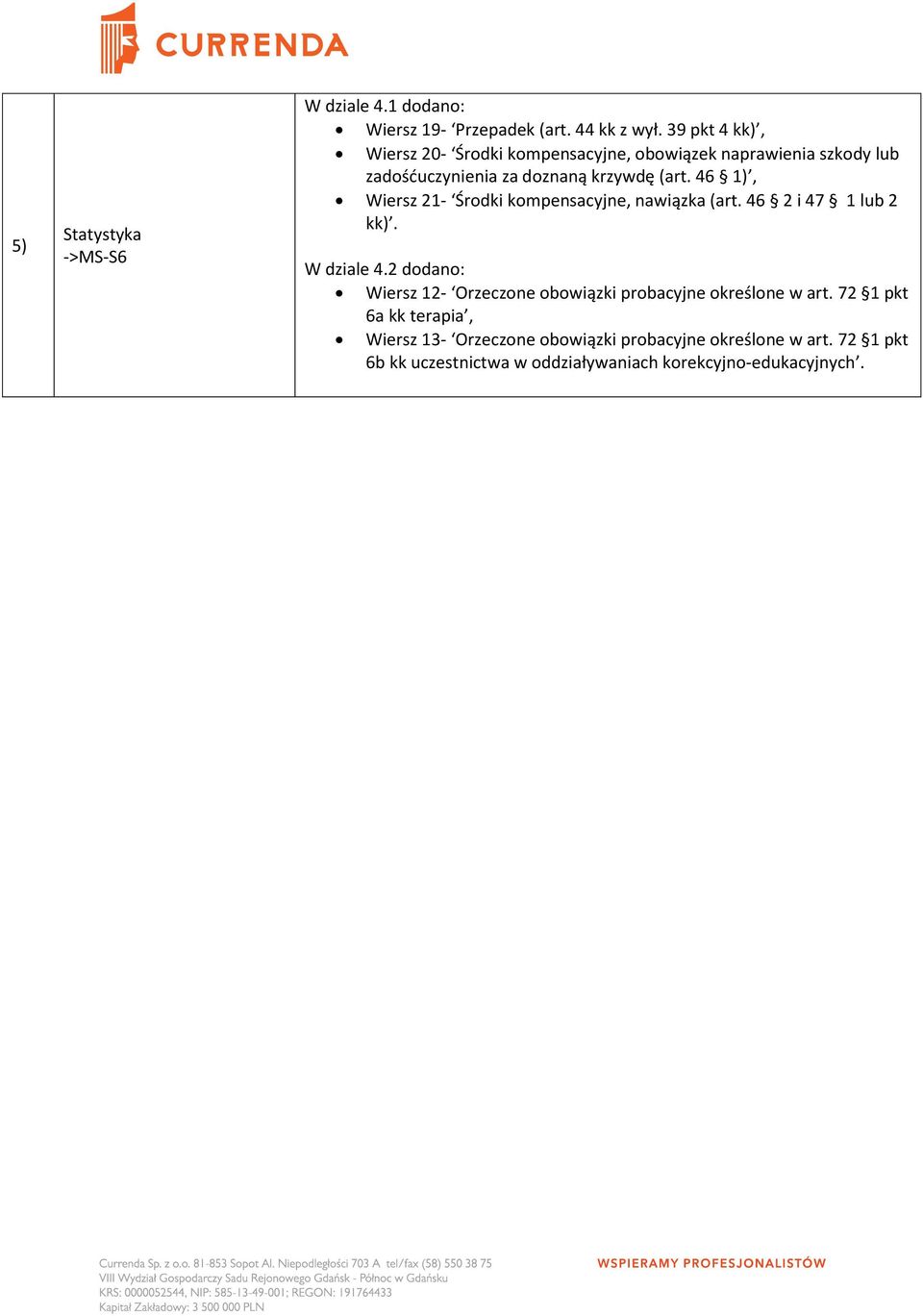 46 1), Wiersz 21- Środki kompensacyjne, nawiązka (art. 46 2 i 47 1 lub 2 kk). W dziale 4.