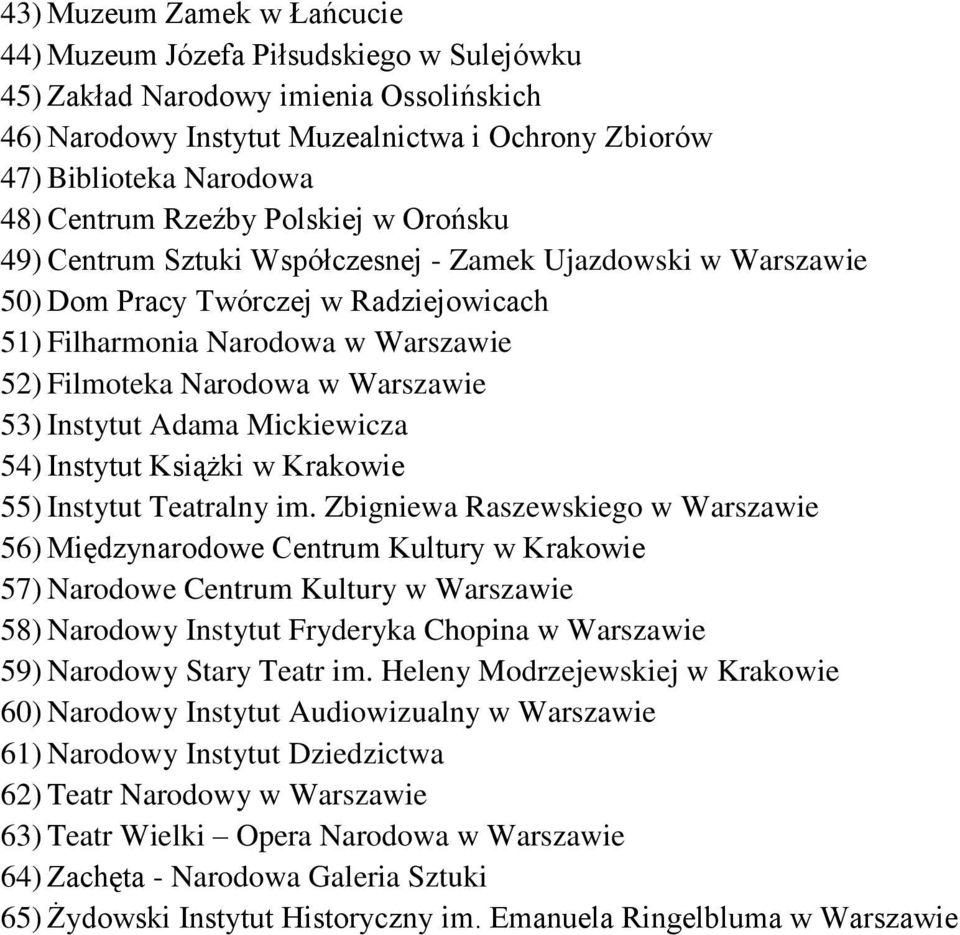 Warszawie 53) Instytut Adama Mickiewicza 54) Instytut Książki w Krakowie 55) Instytut Teatralny im.