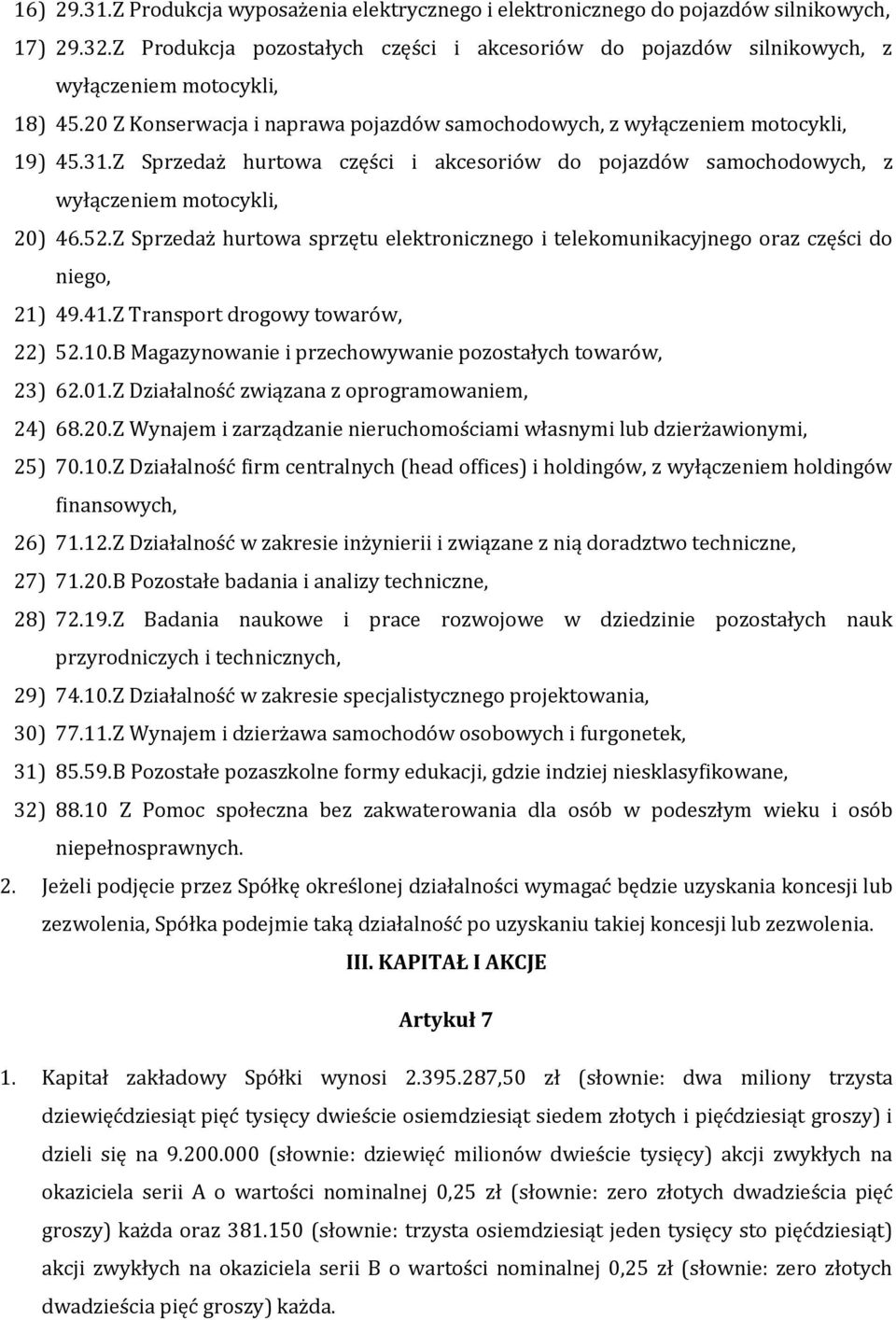 Z Sprzedaż hurtowa części i akcesoriów do pojazdów samochodowych, z wyłączeniem motocykli, 20) 46.52.Z Sprzedaż hurtowa sprzętu elektronicznego i telekomunikacyjnego oraz części do niego, 21) 49.41.