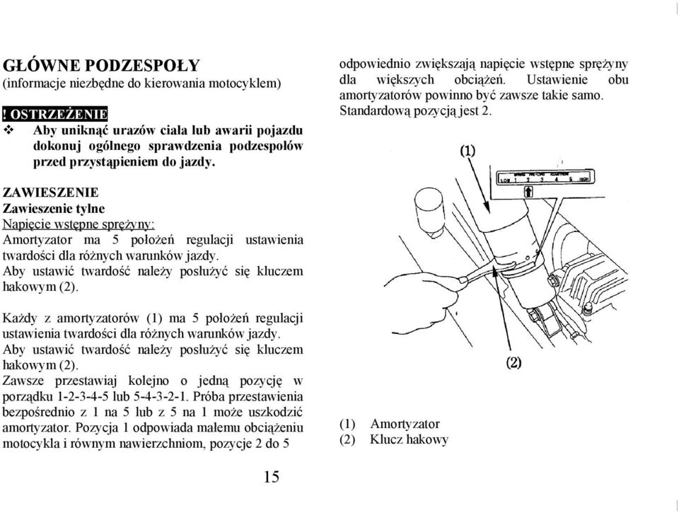 ZAWIESZENIE Zawieszenie tylne Napięcie wstępne sprężyny: Amortyzator ma 5 położeń regulacji ustawienia twardości dla różnych warunków jazdy.