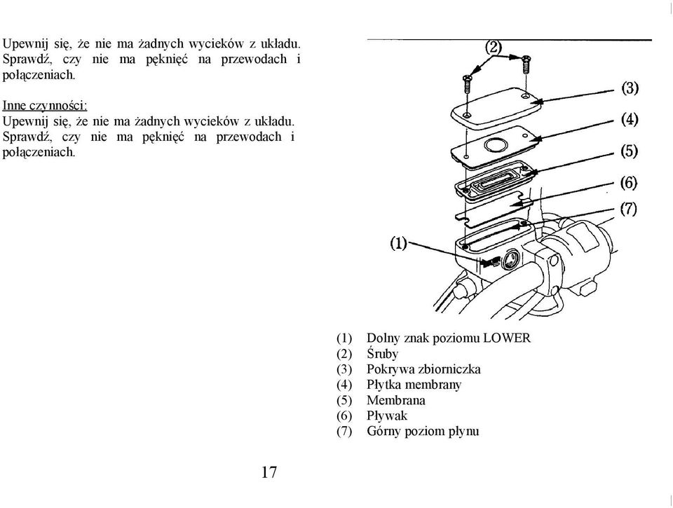Inne czynności:   (1) (2) (3) (4) (5) (6) (7) 17 Dolny znak poziomu LOWER Śruby Pokrywa