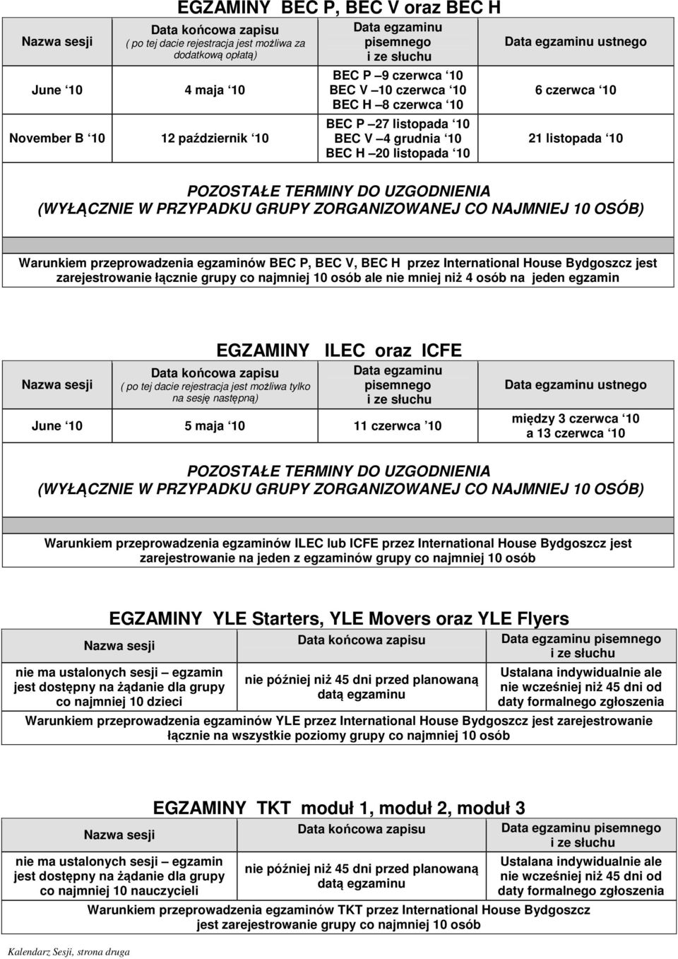 zarejestrowanie łącznie grupy co najmniej 10 osób ale nie mniej niż 4 osób na jeden egzamin ( po tej dacie rejestracja jest możliwa tylko na sesję następną) EGZAMINY ILEC oraz ICFE June 10 5 maja 10