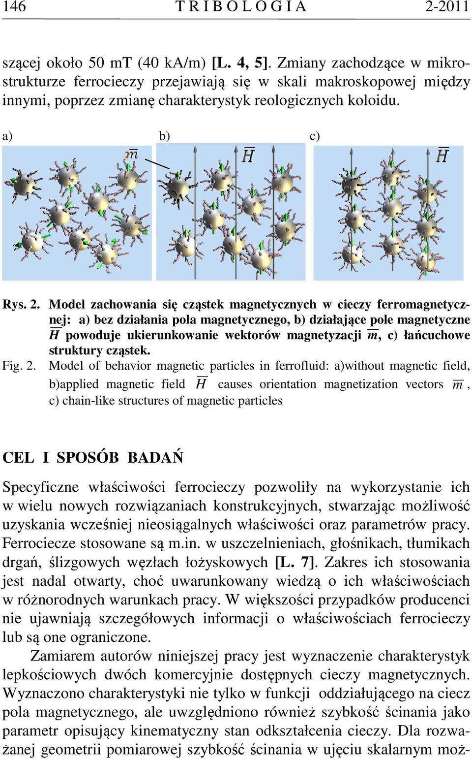 Model zachowania się cząstek magnetycznych w cieczy ferromagnetycznej: a) bez działania pola magnetycznego, b) działające pole magnetyczne H powoduje ukierunkowanie wektorów magnetyzacji m, c)