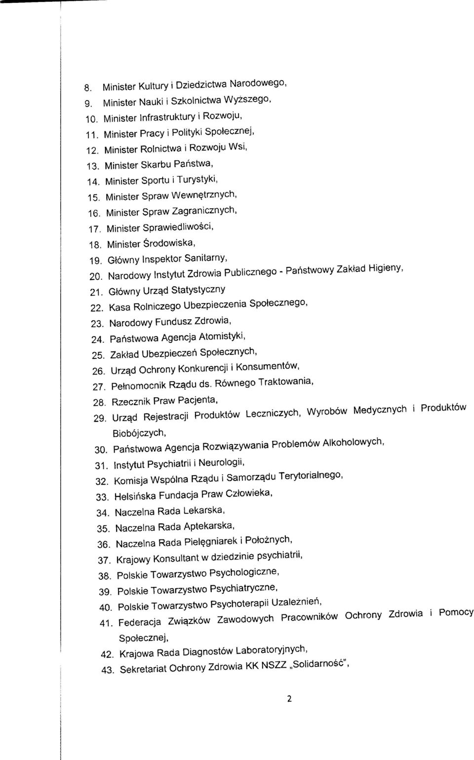 Minister Srodowiska, 19. Glowny Inspektor Sanitarny, 20. Narodowy Instytut Zdrowia Publicznego - Paristwowy ZaWad Higieny, 21. Gfowny Urz^d Statystyczny 22.