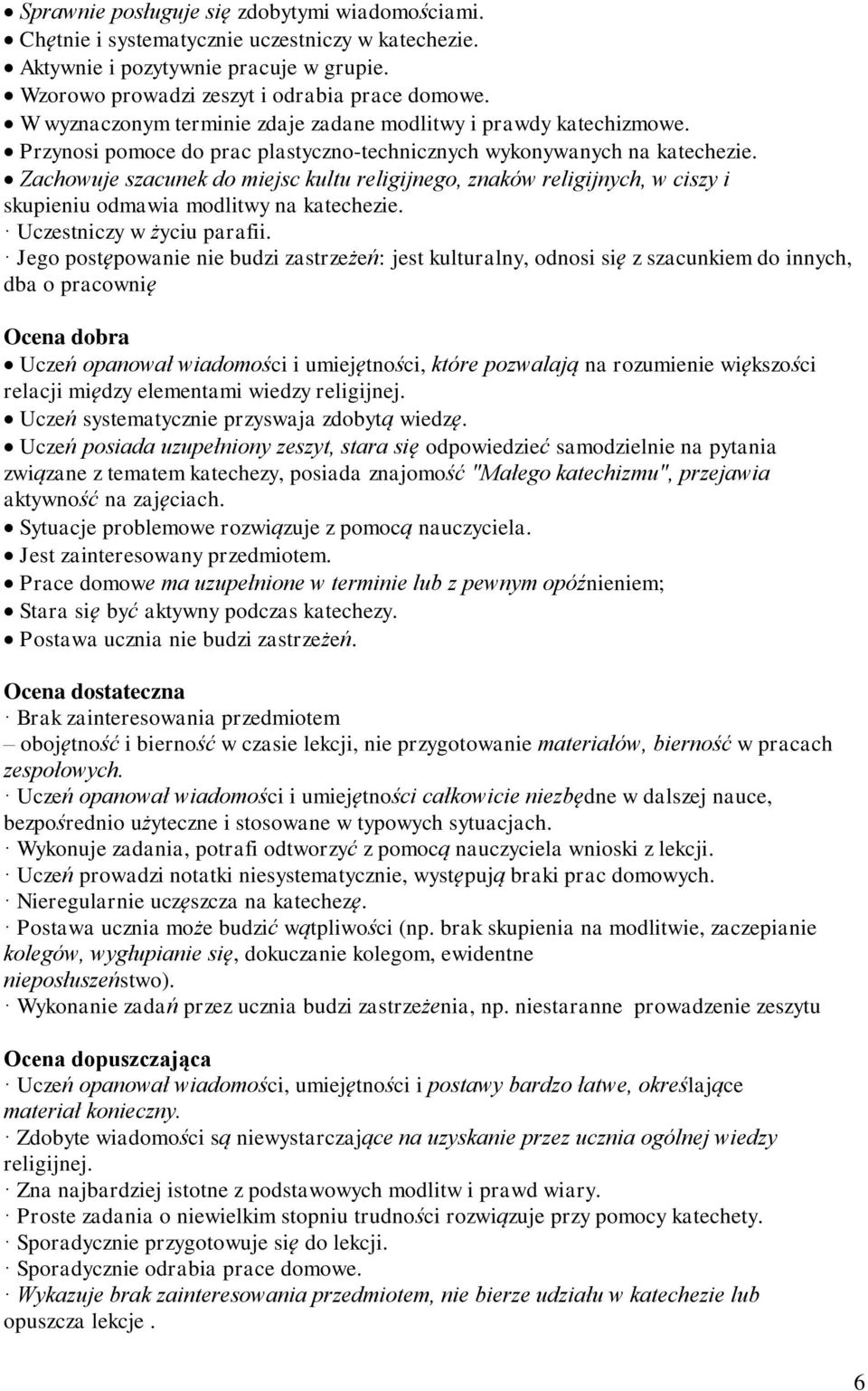 Zachowuje szacunek do miejsc kultu religijnego, znaków religijnych, w ciszy i skupieniu odmawia modlitwy na katechezie. Uczestniczy w życiu parafii.