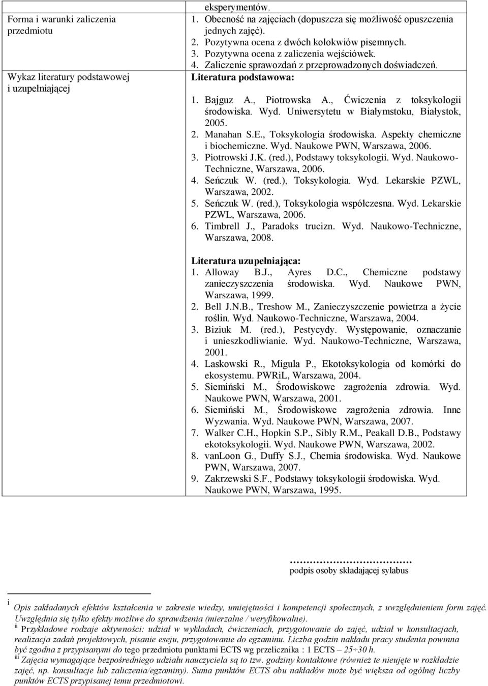 , Ćwiczenia z toksykologii środowiska. Wyd. Uniwersytetu w Białymstoku, Białystok, 2005. 2. Manahan S.E., Toksykologia środowiska. Aspekty chemiczne i biochemiczne. Wyd. Naukowe PWN, Warszawa, 2006.