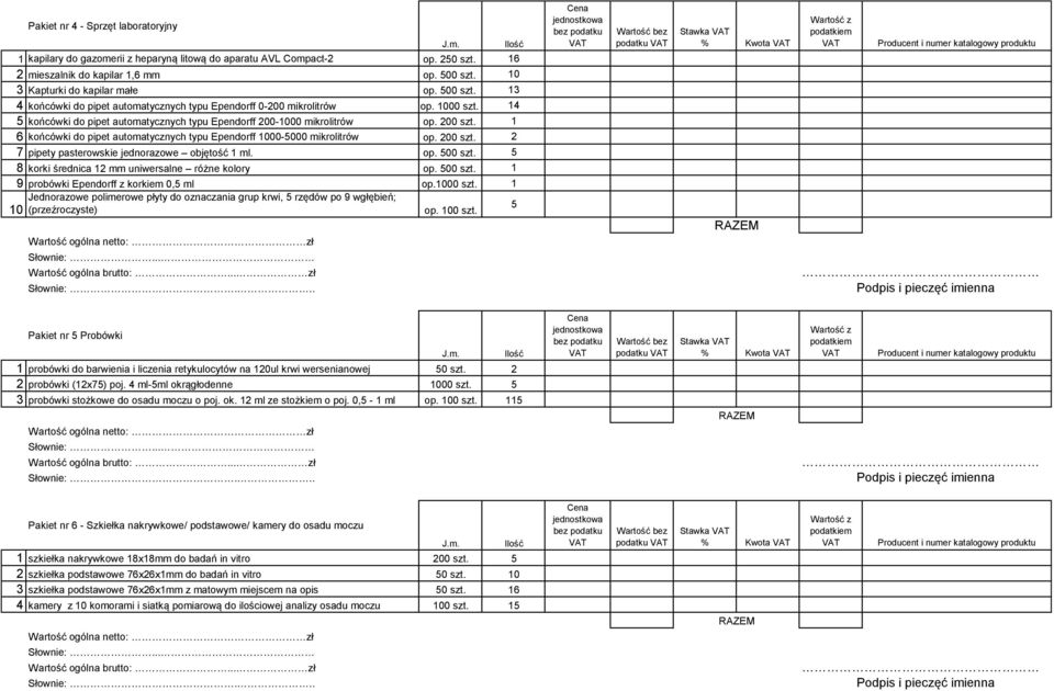 1 6 końcówki do pipet automatycznych typu Ependorff 1000-5000 mikrolitrów op. 200 szt. 2 7 pipety pasterowskie jednorazowe objętość 1 ml. op. 500 szt.