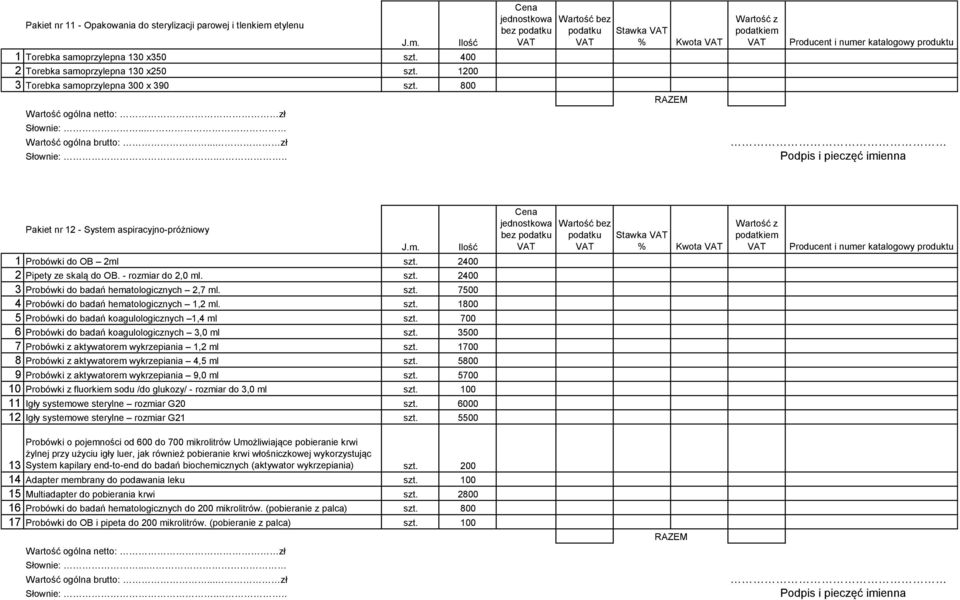 szt. 1800 5 Probówki do badań koagulologicznych 1,4 ml szt. 700 6 Probówki do badań koagulologicznych 3,0 ml szt. 3500 7 Probówki z aktywatorem wykrzepiania 1,2 ml szt.