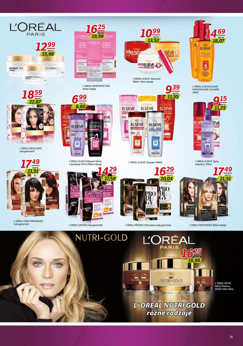 Różne rodzaje 14 17,58 L`OREAL ELSEVE Szampon 400ml 16 0,04 L`OREAL ELSEVE Spray odżywczy 150ml 17 1,51 L`OREAL FERIA PREFERANCE Cała gama farb