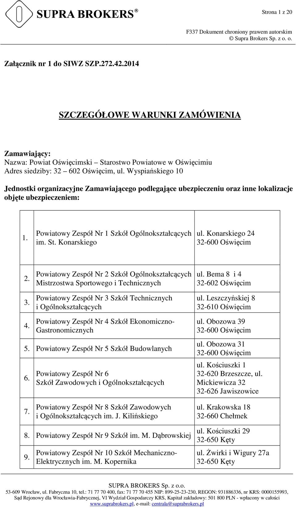 Konarskiego 24 32-600 Oświęcim 2. 3. Powiatowy Zespół Nr 2 Szkół Ogólnokształcących Mistrzostwa Sportowego i Technicznych Powiatowy Zespół Nr 3 Szkół Technicznych i Ogólnokształcących ul.