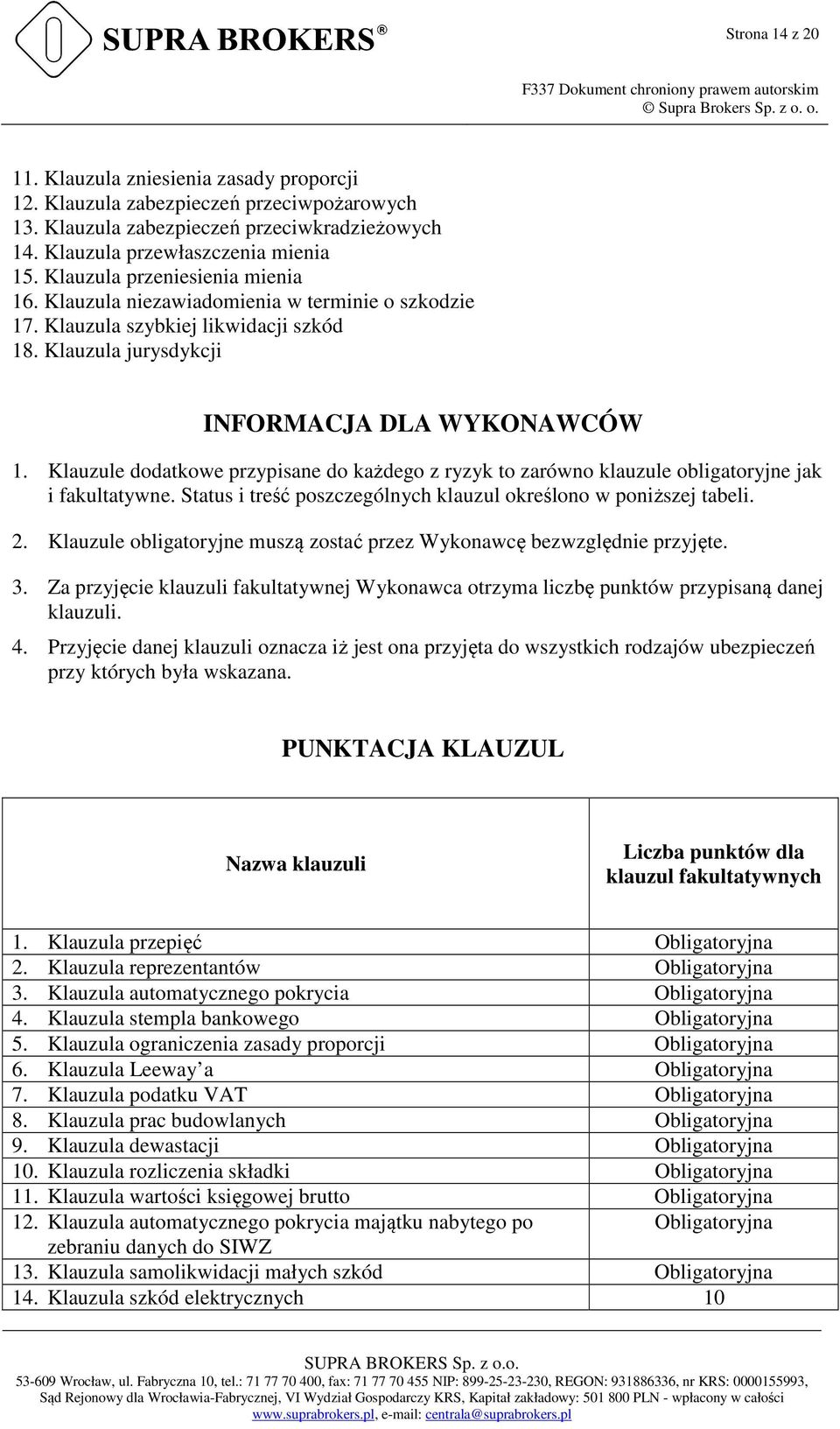 Klauzule dodatkowe przypisane do każdego z ryzyk to zarówno klauzule obligatoryjne jak i fakultatywne. Status i treść poszczególnych klauzul określono w poniższej tabeli. 2.