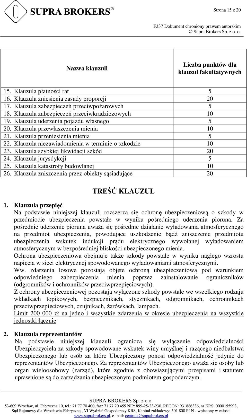 Klauzula niezawiadomienia w terminie o szkodzie 10 23. Klauzula szybkiej likwidacji szkód 20 24. Klauzula jurysdykcji 5 25. Klauzula katastrofy budowlanej 10 26.