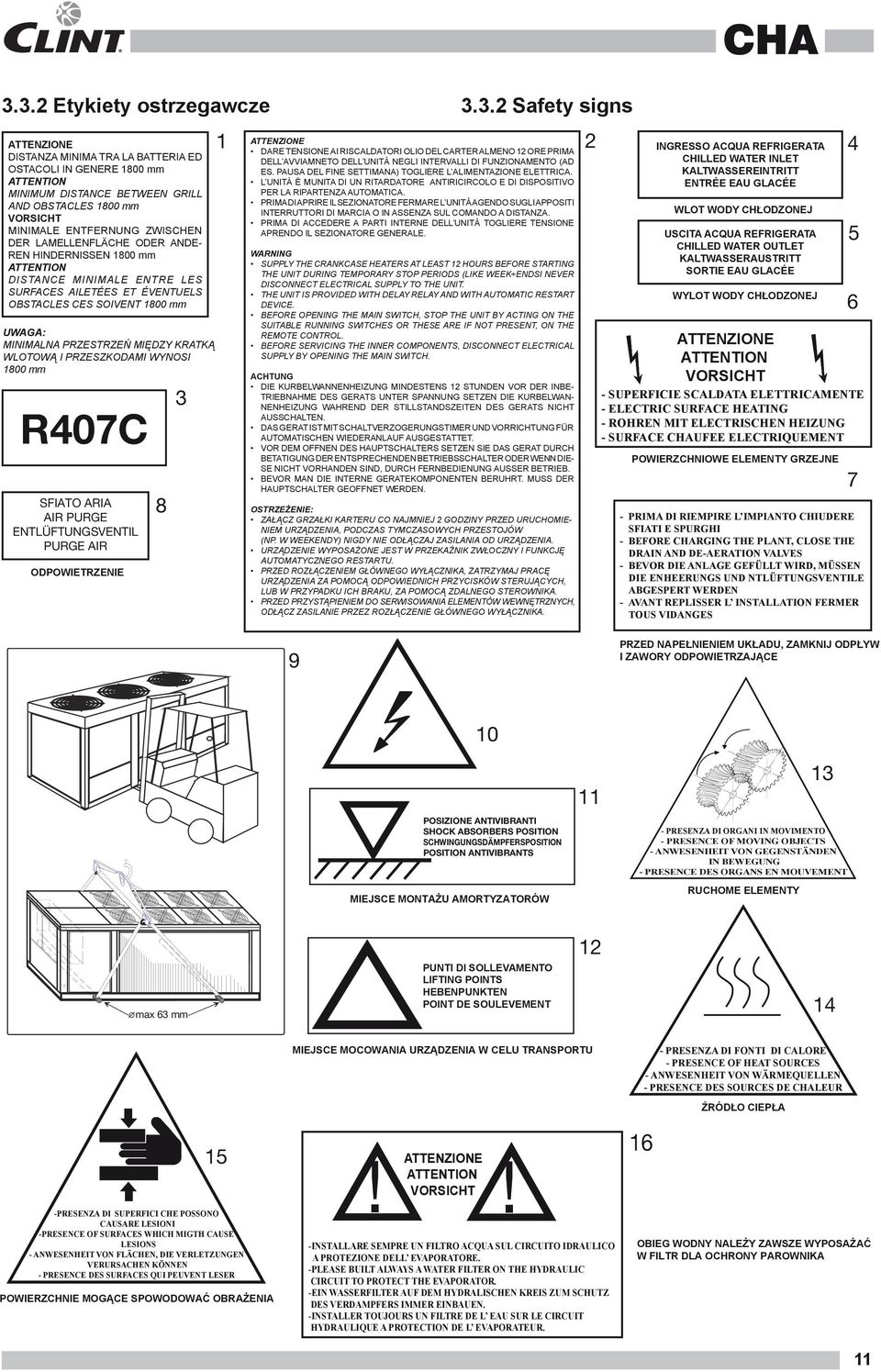 PRZESTRZEŃ MIĘDZY KRATKĄ WLOTOWĄ I PRZESZKODAMI WYNOSI 1800 mm R407C SFIATO ARIA AIR PURGE ENTLÜFTUNGSVENTIL PURGE AIR ODPOWIETRZENIE 8 3 1 2 ATTENZIONE DARE TENSIONE AI RISCALDATORI OLIO DEL CARTER