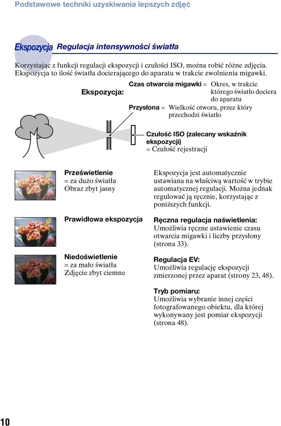 Czas otwarcia migawki = Okres, w trakcie Ekspozycja: którego światło dociera do aparatu Przysłona = Wielkość otworu, przez który przechodzi światło Czułość ISO (zalecany wskaźnik ekspozycji) =