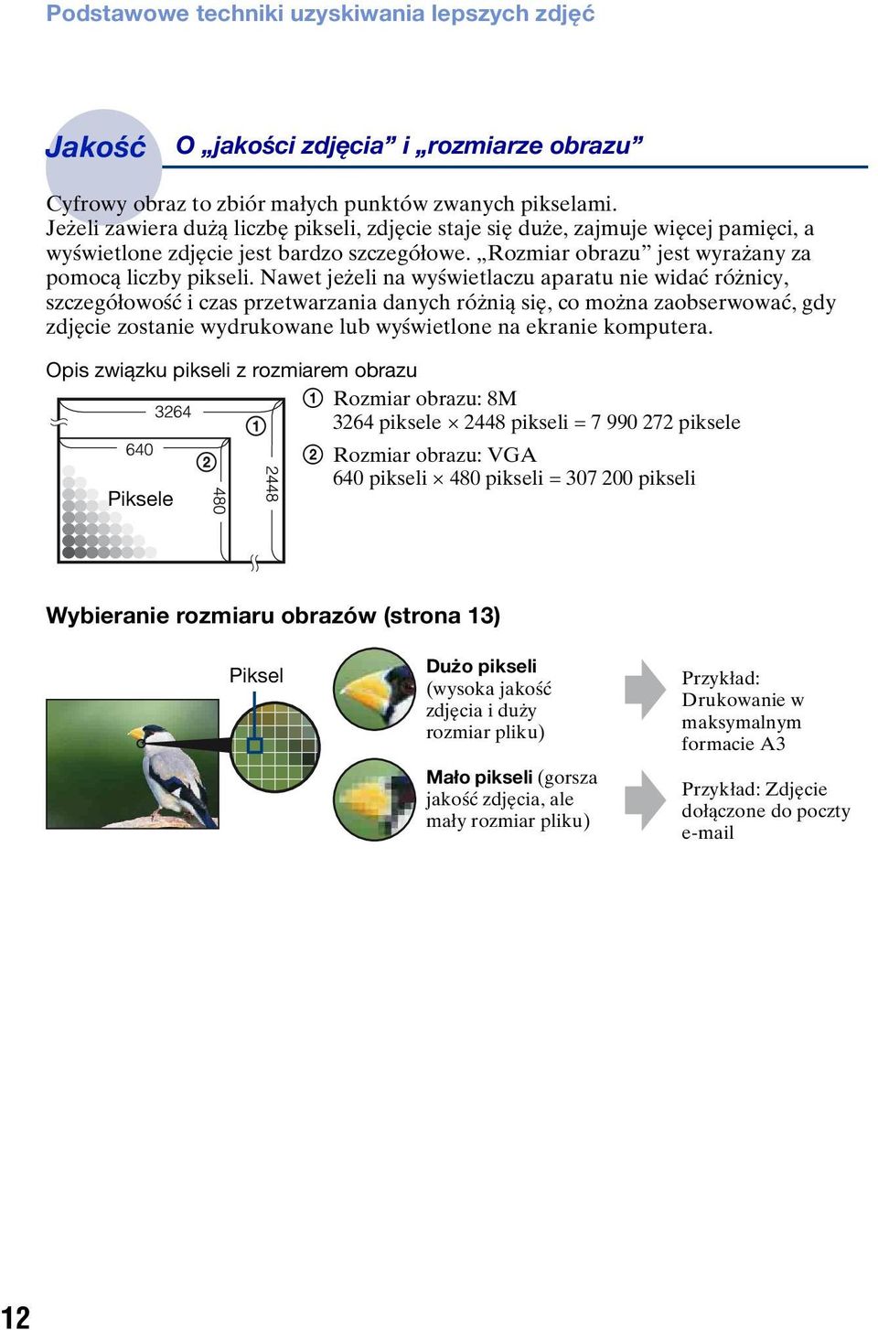 Nawet jeżeli na wyświetlaczu aparatu nie widać różnicy, szczegółowość i czas przetwarzania danych różnią się, co można zaobserwować, gdy zdjęcie zostanie wydrukowane lub wyświetlone na ekranie