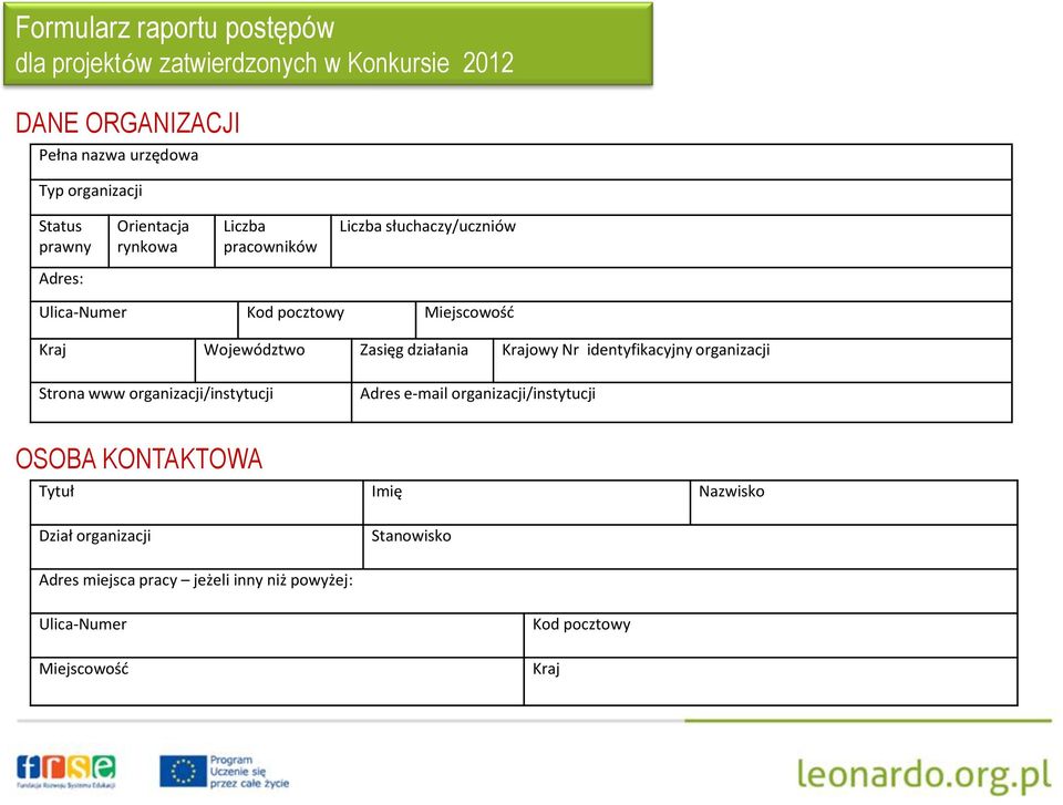Zasięg działania Krajowy Nr identyfikacyjny organizacji Strona www organizacji/instytucji Adres e-mail organizacji/instytucji OSOBA