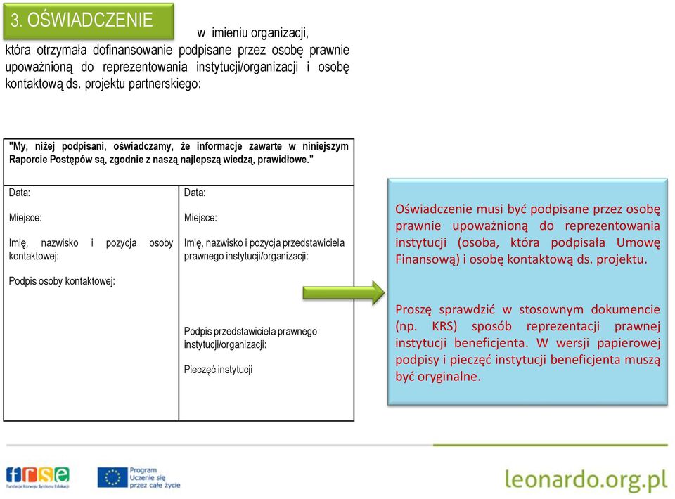 " Data: Miejsce: Imię, nazwisko i pozycja osoby kontaktowej: Podpis osoby kontaktowej: Data: Miejsce: Imię, nazwisko i pozycja przedstawiciela prawnego instytucji/organizacji: Podpis przedstawiciela