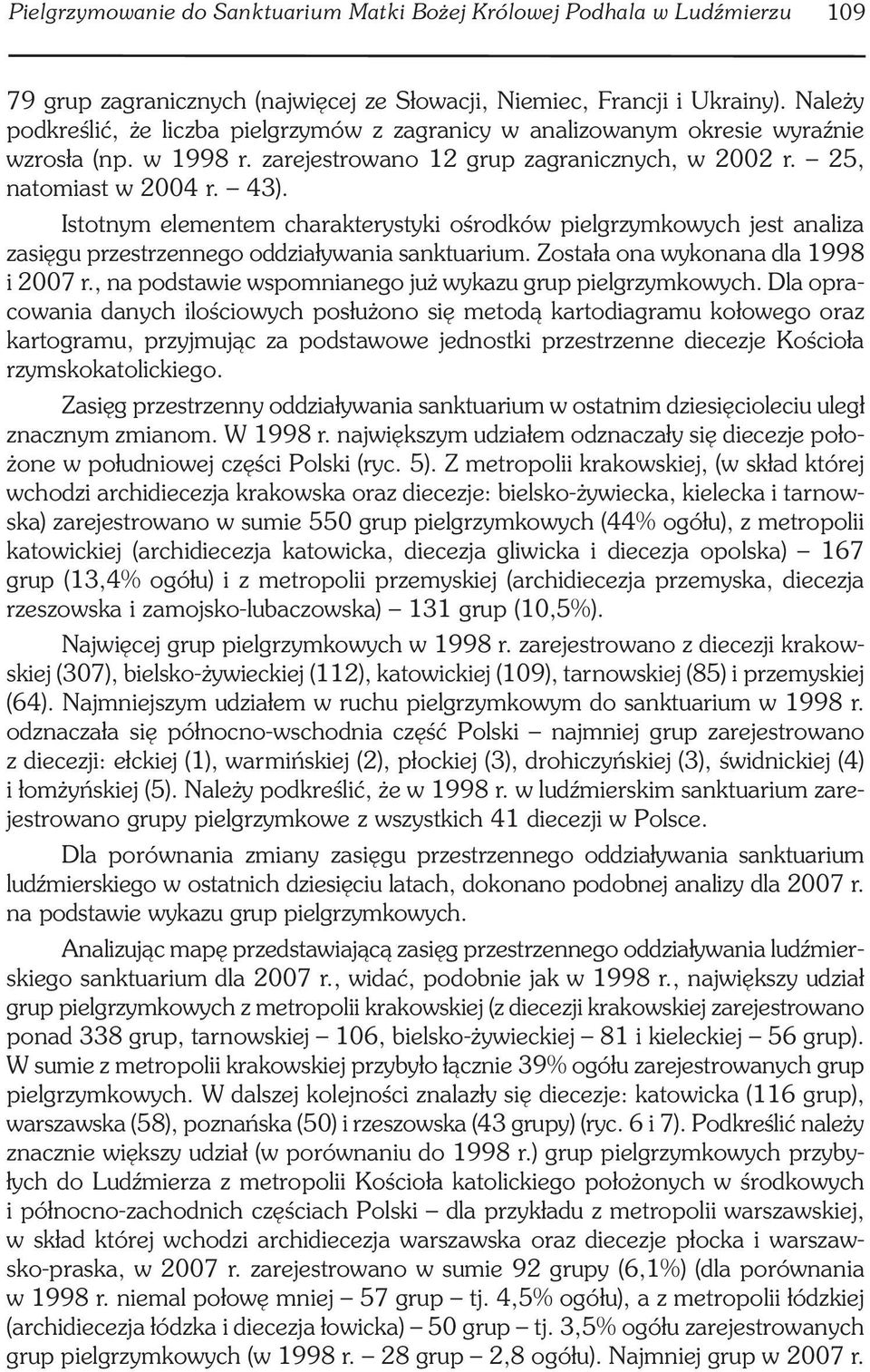 Istotnym elementem charakterystyki ośrodków pielgrzymkowych jest analiza zasięgu przestrzennego oddziaływania sanktuarium. Została ona wykonana dla 1998 i 2007 r.