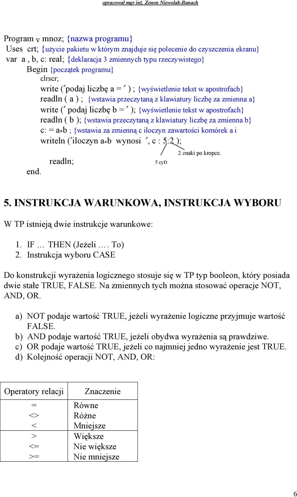 apostrofach} readln ( b ); {wstawia przeczytaną z klawiatury liczbę za zmienna b} c: = a * b ; {wstawia za zmienną c iloczyn zawartości komórek a i writeln ( iloczyn a * b wynosi, c : 5:2 ); end.