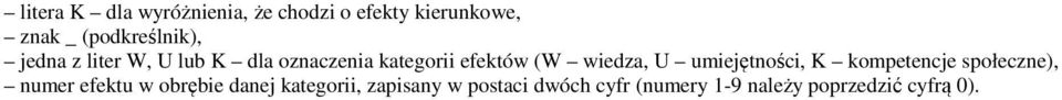 (W wiedza, U umiejętności, K kompetencje społeczne), numer efektu w