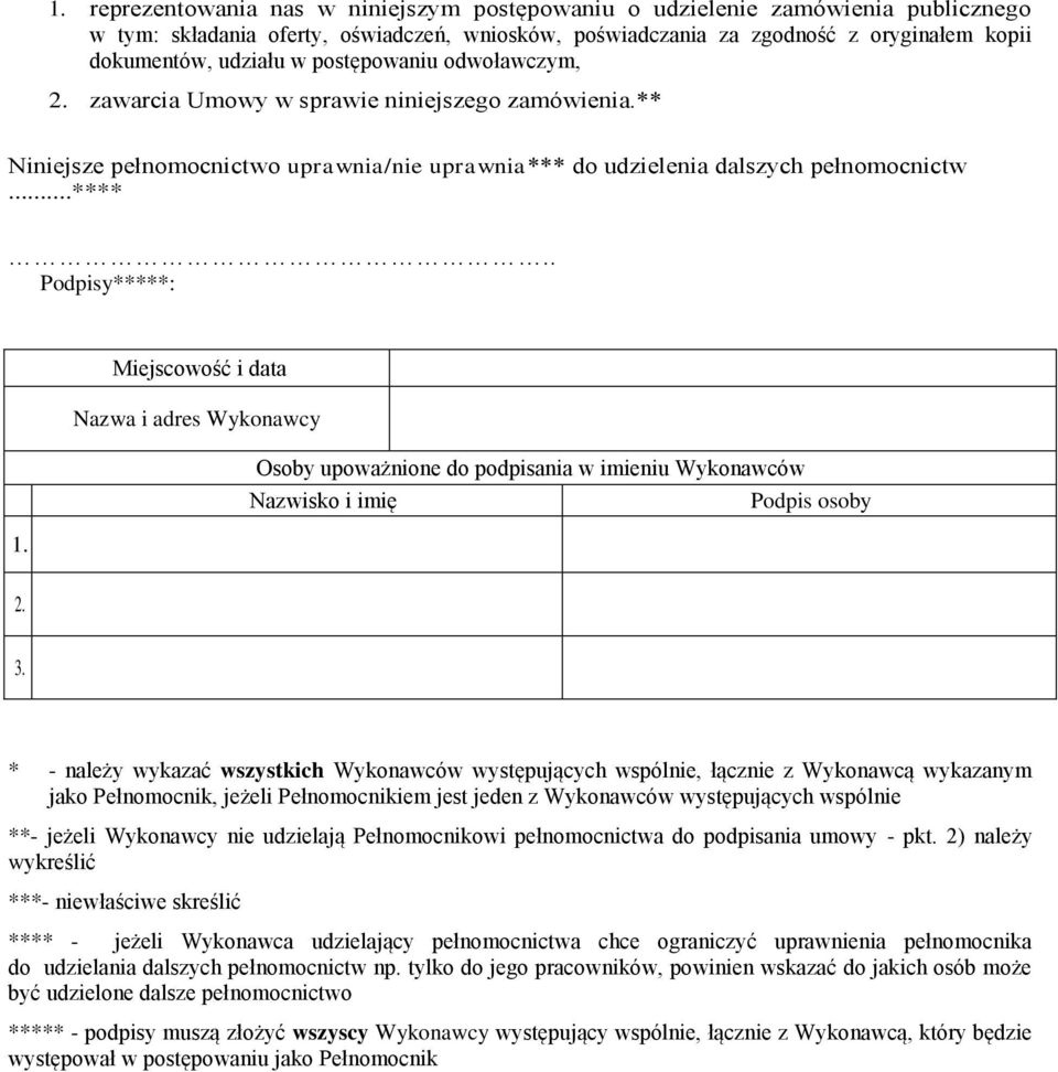 * - należy wykazać wszystkich Wykonawców występujących wspólnie, łącznie z Wykonawcą wykazanym jako Pełnomocnik, jeżeli Pełnomocnikiem jest jeden z Wykonawców występujących wspólnie **- jeżeli