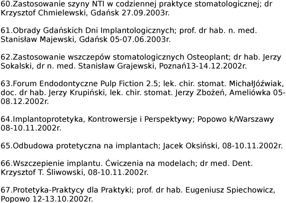 Forum Endodontyczne Pulp Fiction 2.5; lek. chir. stomat. MichałJóźwiak, doc. dr hab. Jerzy Krupiński, lek. chir. stomat. Jerzy Zbożeń, Ameliówka 05-08.12.2002r. 64.