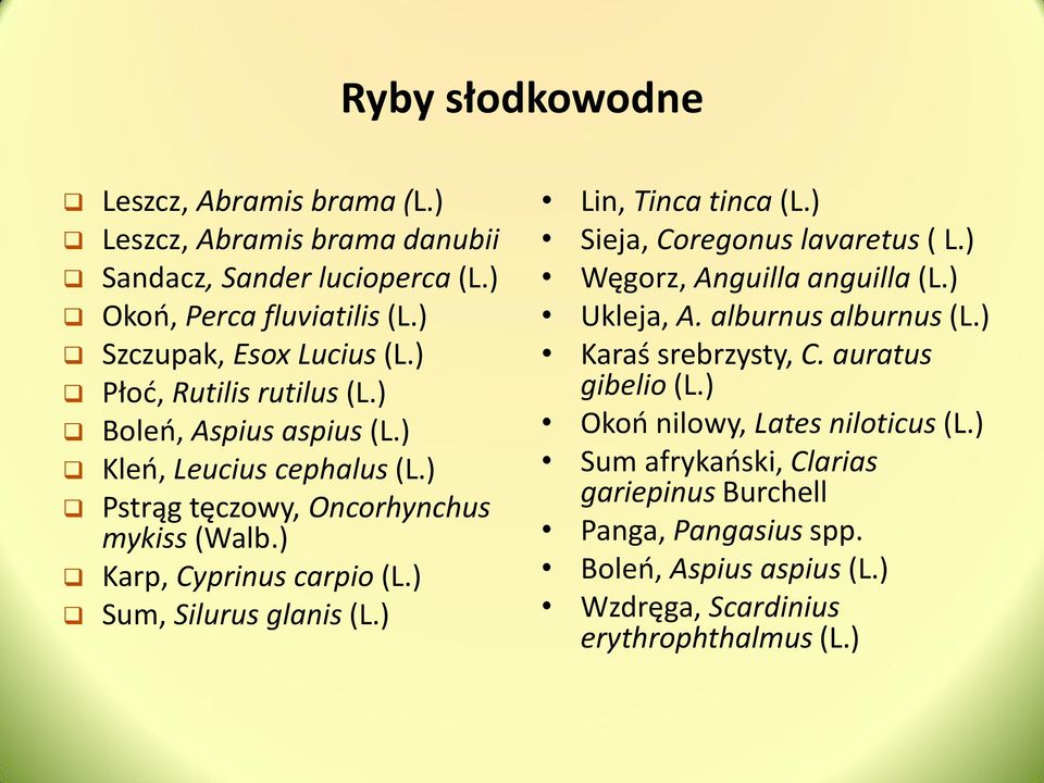 ) Sum, Silurus glanis (L.) Lin, Tinca tinca (L.) Sieja, Coregonus lavaretus ( L.) Węgorz, Anguilla anguilla (L.) Ukleja, A. alburnus alburnus (L.) Karaś srebrzysty, C.