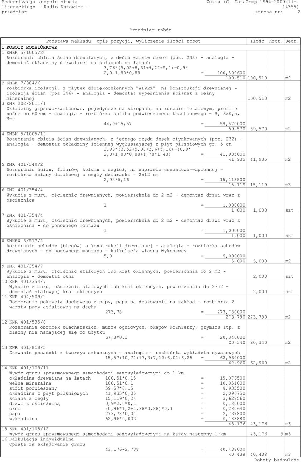 dźwiękochłonnych "ALPEX" na konstrukcji drewnianej - izolacja ścian (poz 346) - analogia - demontaż wypełnienia ścianek z wełny mineralnej 100,510 m2 3 KNR 202/2011/1 Okładziny gipsowo-kartonowe,