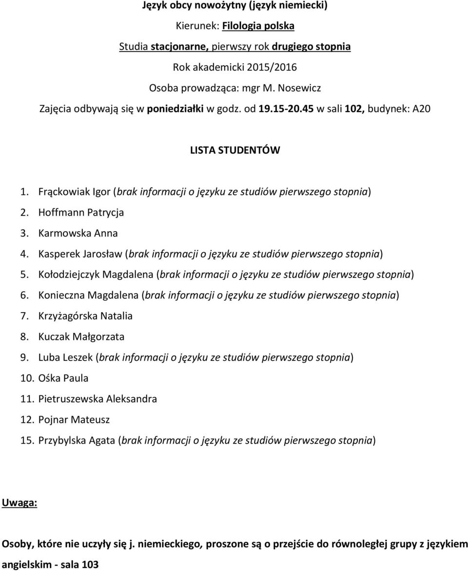 Kołodziejczyk Magdalena (brak informacji o języku ze studiów pierwszego stopnia) 6. Konieczna Magdalena (brak informacji o języku ze studiów pierwszego stopnia) 7. Krzyżagórska Natalia 8.