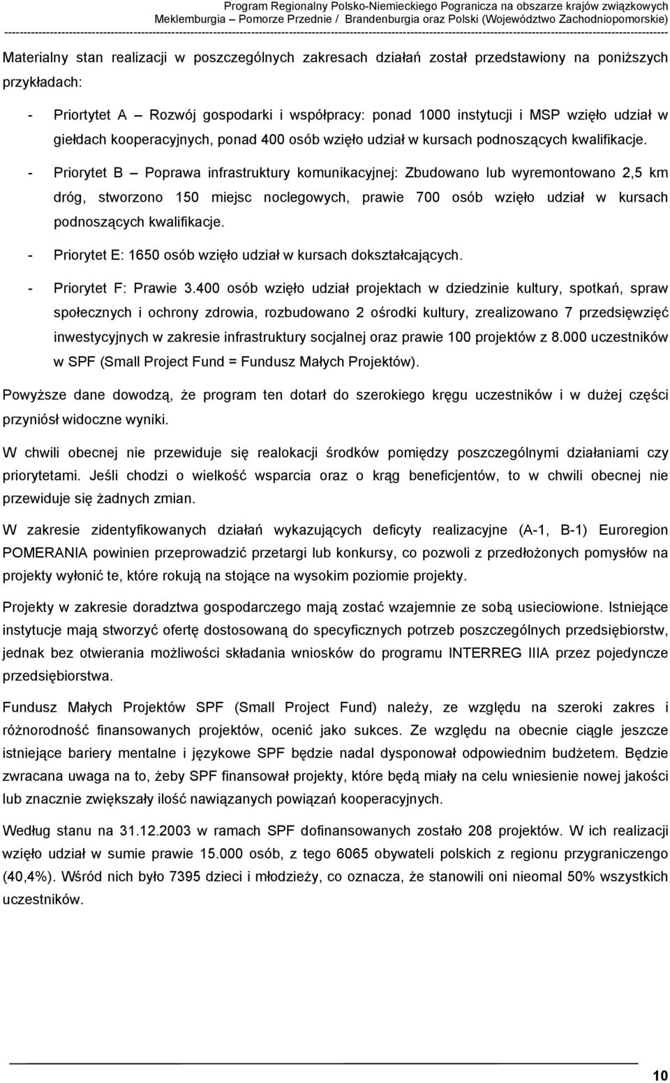 realizacji w poszczególnych zakresach działań został przedstawiony na poniższych przykładach: - Priortytet A Rozwój gospodarki i współpracy: ponad 1000 instytucji i MSP wzięło udział w giełdach