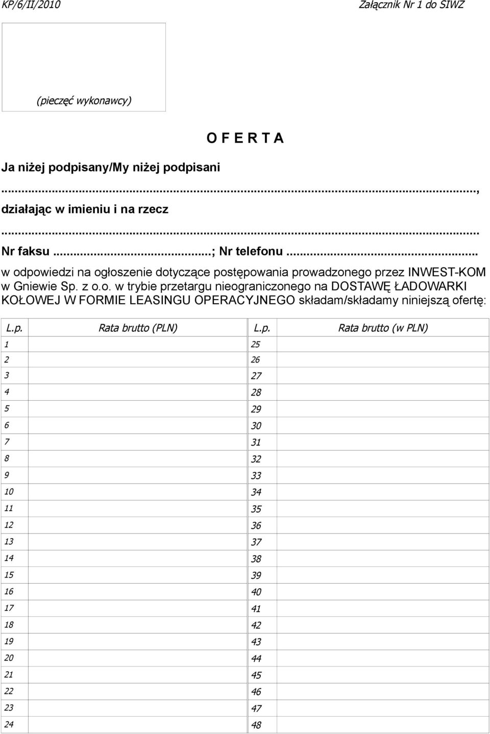 u... w odpowiedzi na ogłoszenie dotyczące postępowania prowadzonego przez INWEST-KOM w Gniewie Sp. z o.o. w trybie przetargu nieograniczonego na DOSTAWĘ ŁADOWARKI KOŁOWEJ W FORMIE LEASINGU OPERACYJNEGO składam/składamy niniejszą ofertę: L.