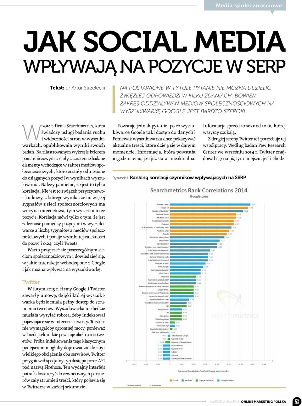 Na zilustrowanym wykresie kolorem pomarańczowym zostały zaznaczone badane elementy wchodzące w zakres mediów społecznościowych, które zostały odniesione do osiąganych pozycji w wynikach wyszukiwania.