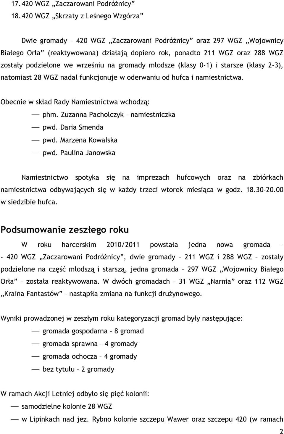 we wrześniu na gromady młodsze (klasy 0-1) i starsze (klasy 2-3), natomiast 28 WGZ nadal funkcjonuje w oderwaniu od hufca i namiestnictwa. Obecnie w skład Rady Namiestnictwa wchodzą: phm.