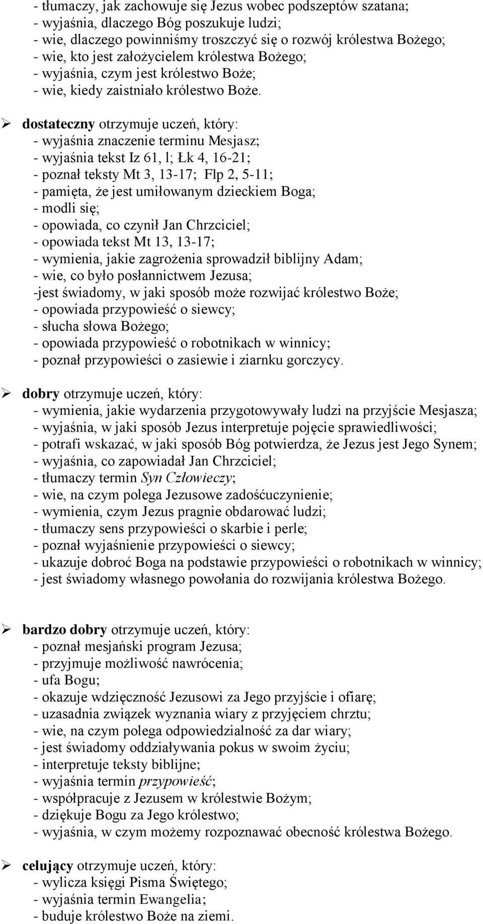 - wyjaśnia znaczenie terminu Mesjasz; - wyjaśnia tekst Iz 61, l; Łk 4, 16-21; - poznał teksty Mt 3, 13-17; Flp 2, 5-11; - pamięta, że jest umiłowanym dzieckiem Boga; - modli się; - opowiada, co