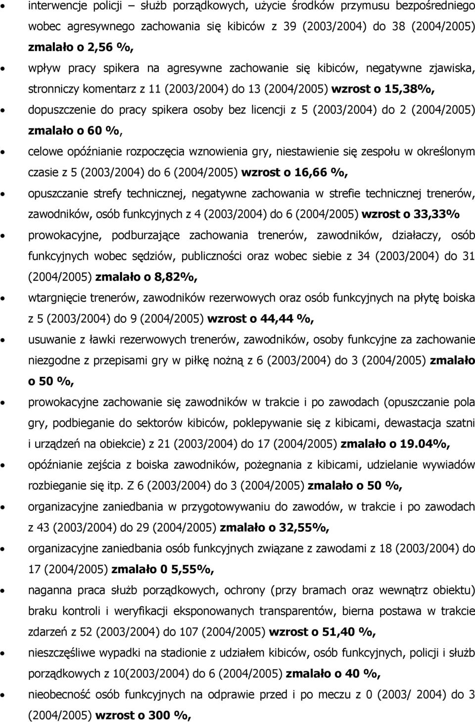 (2004/2005) zmalało o 60 %, celowe opóźnianie rozpoczęcia wznowienia gry, niestawienie się zespołu w określonym czasie z 5 (2003/2004) do 6 (2004/2005) wzrost o 6,66 %, opuszczanie strefy