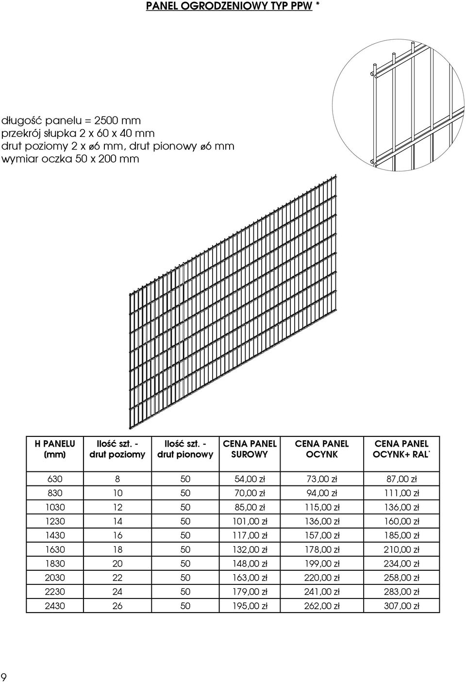 - drut pionowy PANEL PANEL PANEL + RAL * 630 8 50 54,00 zł 73,00 zł 87,00 zł 830 10 50 70,00 zł 94,00 zł 111,00 zł 1030 12 50 85,00 zł 115,00 zł 136,00 zł 1230