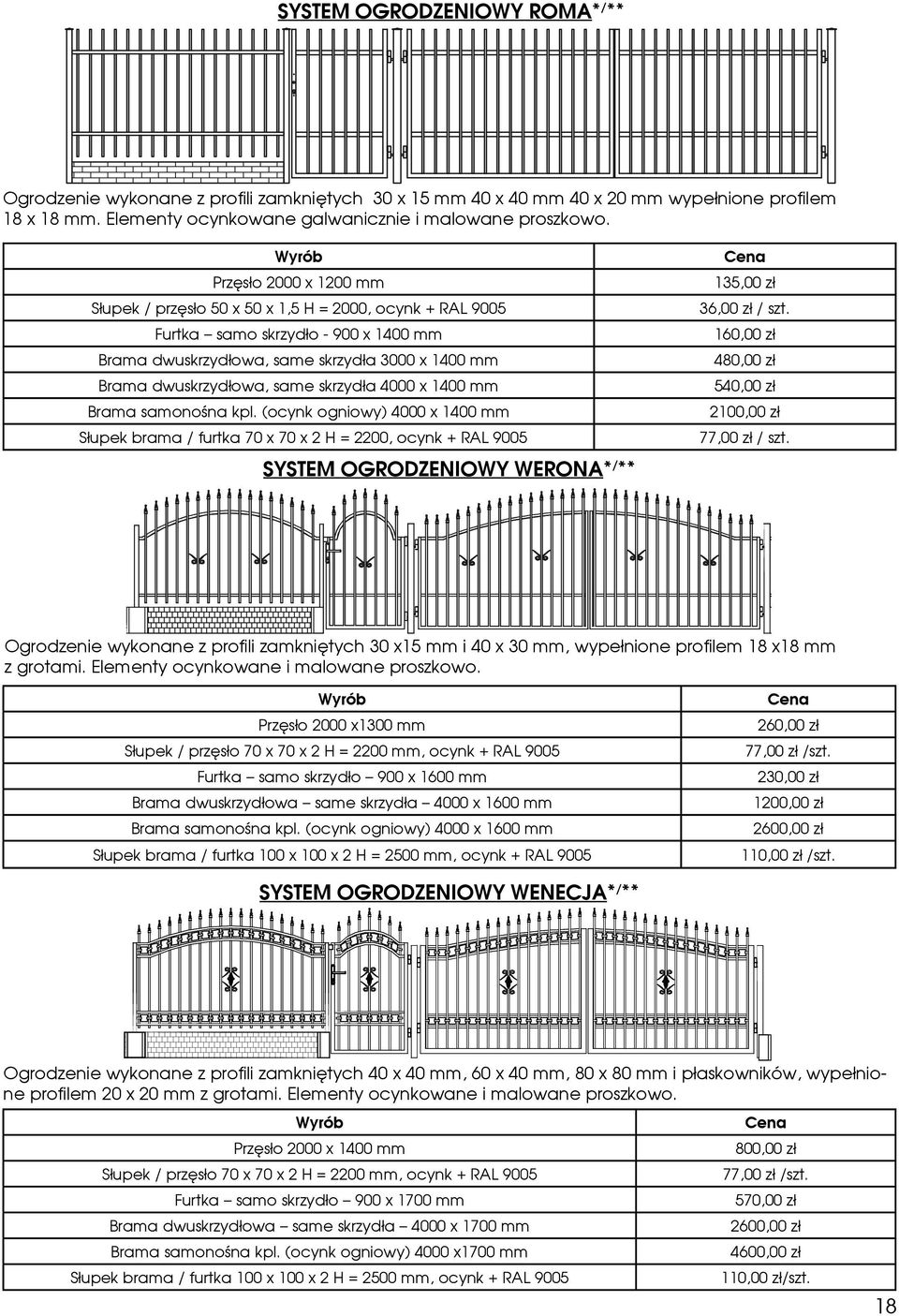 skrzydła 4000 x 1400 mm Brama samonośna kpl. (ocynk ogniowy) 4000 x 1400 mm Słupek brama / furtka 70 x 70 x 2 H = 2200, ocynk + RAL 9005 SYSTEM OGRODZENIOWY WERONA* / ** Cena 135,00 zł 36,00 zł / szt.