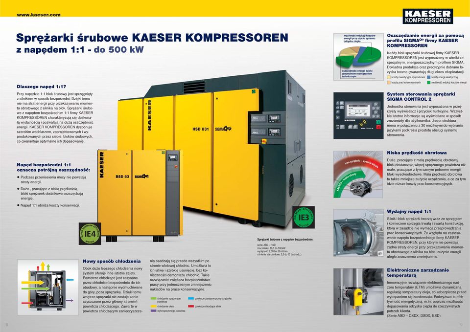 Sprężarki śrubowe z napędem bezpośrednim 1:1 firmy KAESER KOMPRESSOREN charakteryzują się doskonałą wydajnością i pozwalają na dużą oszczędność energii.