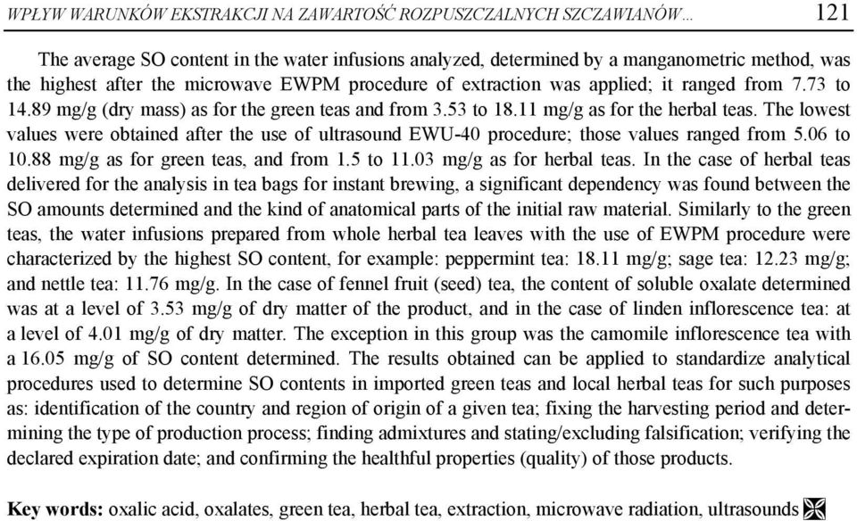 The lowest values were obtained after the use of ultrasound EWU-40 procedure; those values ranged from 5.06 to 10.88 mg/g as for green teas, and from 1.5 to 11.03 mg/g as for herbal teas.