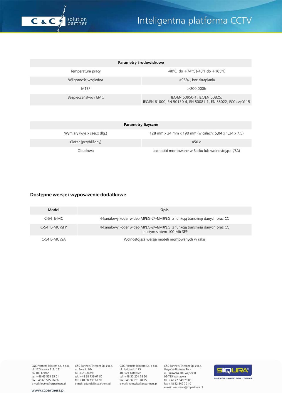 5) Ciężar (przybliżony) Obudowa 450 g Jednostki montowane w Racku lub wolnostojące (/SA) Dostępne wersje i wyposażenie dodatkowe Model Opis C-54 E-MC 4-kanałowy koder wideo MPEG-2/-4/MJPEG z funkcją