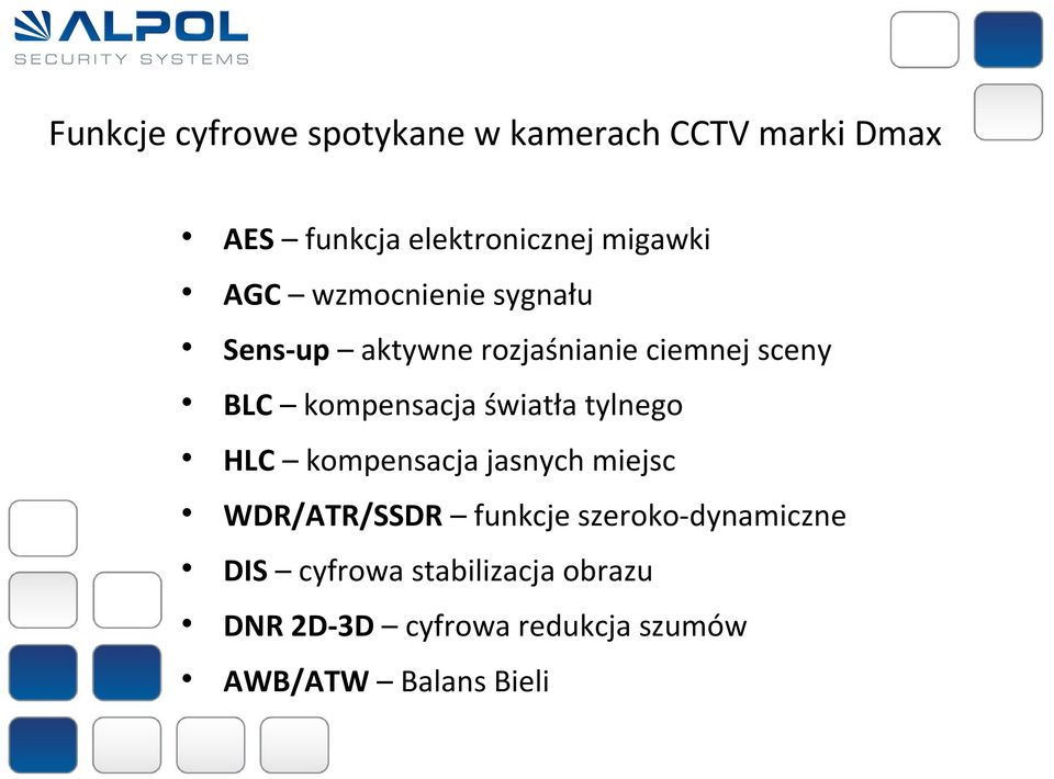 kompensacja światła tylnego HLC kompensacja jasnych miejsc WDR/ATR/SSDR funkcje