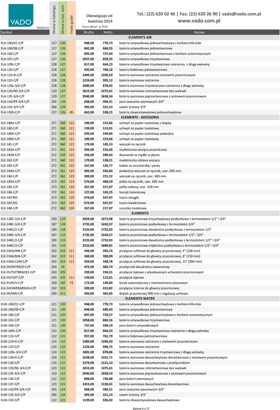 trzyotworowa naścienna z długą wylewką ELA-110-C/P 128 127 935,00 760,16 bateria bidetowa jednootworowa ELA-123+K-C/P 128 128 1484,00 1206,50 bateria wannowa naścienna zestawem prysznicowym