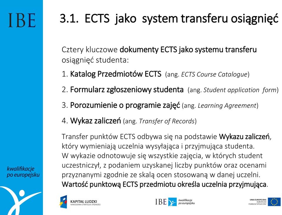 Transfer of Records) Transfer punktów ECTS odbywa się na podstawie Wykazu zaliczeń, który wymieniają uczelnia wysyłająca i przyjmująca studenta.