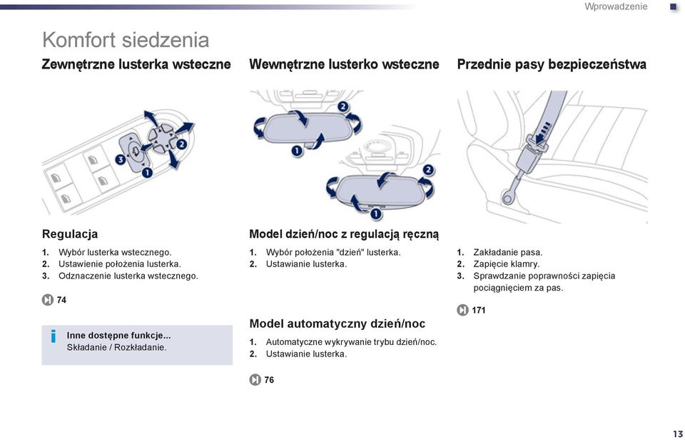 .. Składanie / Rozkładanie. Model dzień/noc z regulacją ręczną 1. Wybór położenia "dzień" lusterka. 2. Ustawianie lusterka.