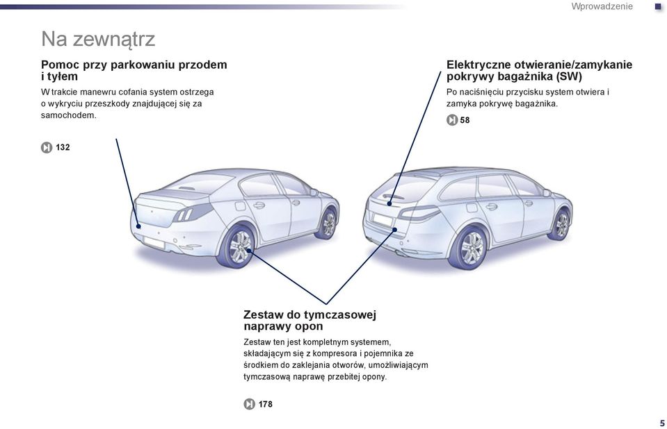 Wprowadzenie Elektryczne otwieranie/zamykanie pokrywy bagażnika (SW) Po naciśnięciu przycisku system otwiera i zamyka