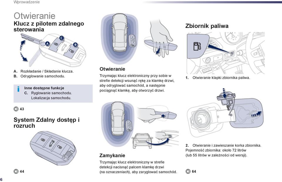 Otwieranie Trzymając klucz elektroniczny przy sobie w strefie detekcji wsunąć rękę za klamkę drzwi, aby odryglować samochód, a następnie pociągnąć klamkę, aby otworzyć drzwi. 1.