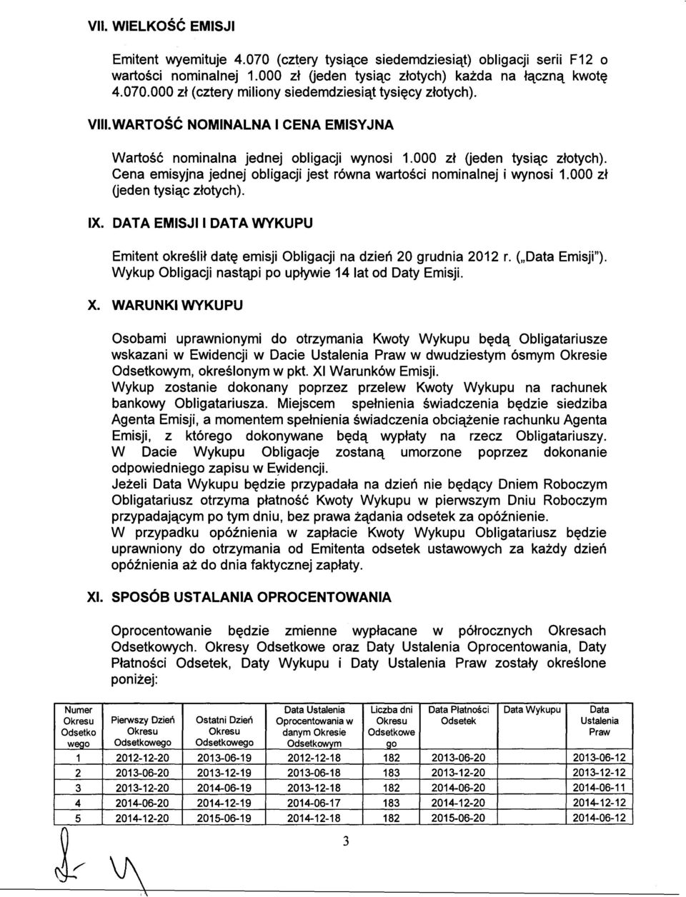 000 zl Oeden tysiac zlotych). IX. DATA EMISJI I DATA WYKUPU Emitent okreslil date emisji Obligacji na dzien 20 grudnia 2012 r. ("Data Emisji").