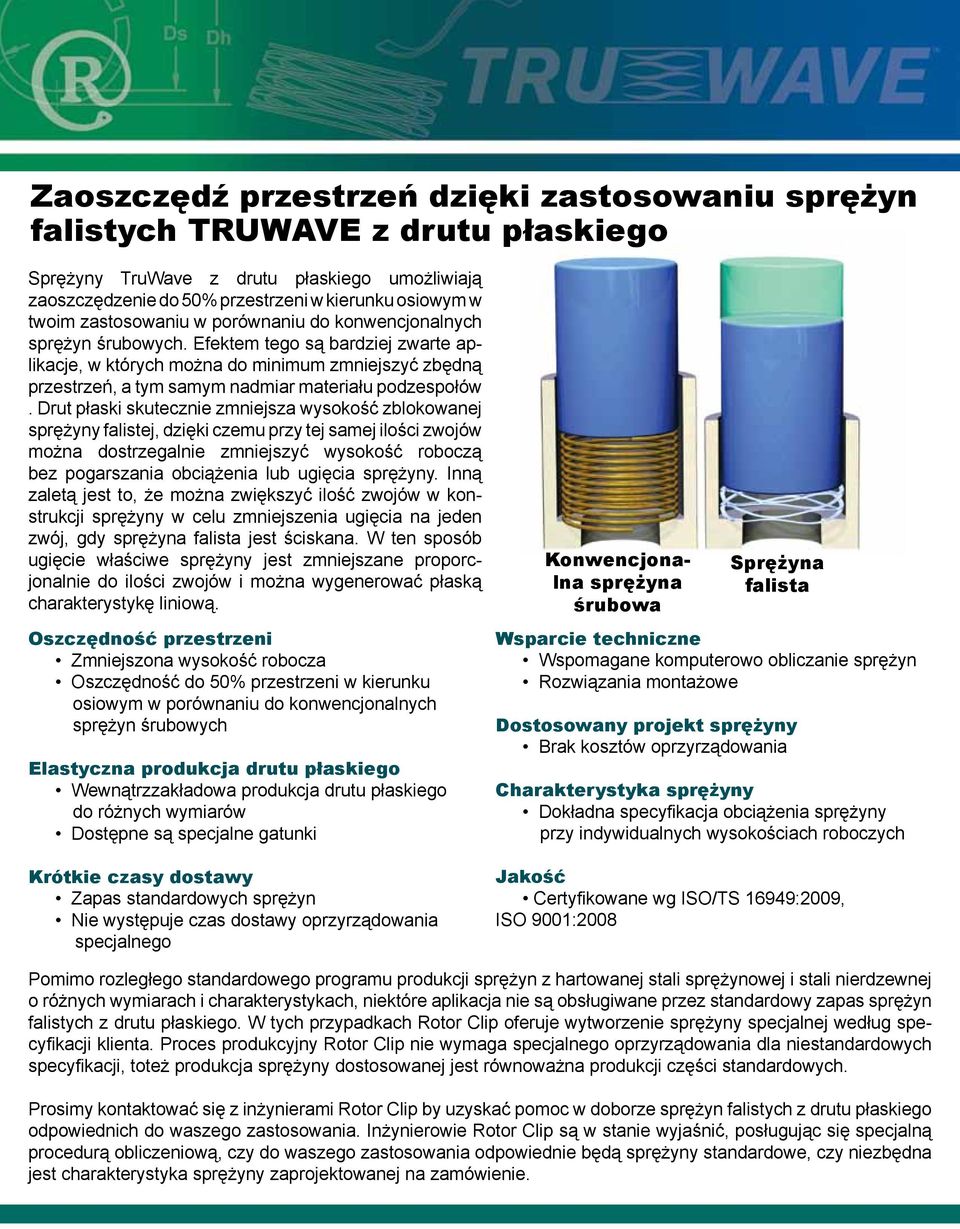 Drut płski skutecznie zmniejsz wysokość zblokownej sprężyny flistej, dzięki czemu przy tej smej ilości zwojów możn dostrzeglnie zmniejszyć wysokość roboczą bez pogrszni obciążeni lub ugięci sprężyny.