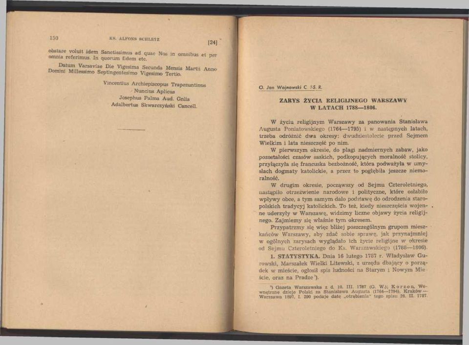 Gnlis Adalbertus Skwarczyński Cancell. O. Jan Wojnowski C SS. R, ZARYS ŻYCIA RELIGIJNEGO WARSZAWY W LATACH 1788 1806.
